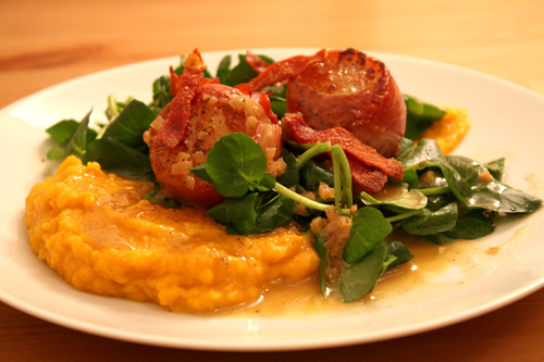 Serrano-wrapped Scallops with Watercress, Butternut Purée, and Vanilla-Cider Beurre Blanc